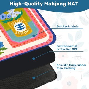 May include: A rectangular Mahjong mat featuring a colorful illustration of a tin labeled Salted Sardines with blue fish and flowers. The mat is composed of three layers: a soft tech fabric top, an environmental protection XPE middle, and a non-slip thick rubber foam backing.