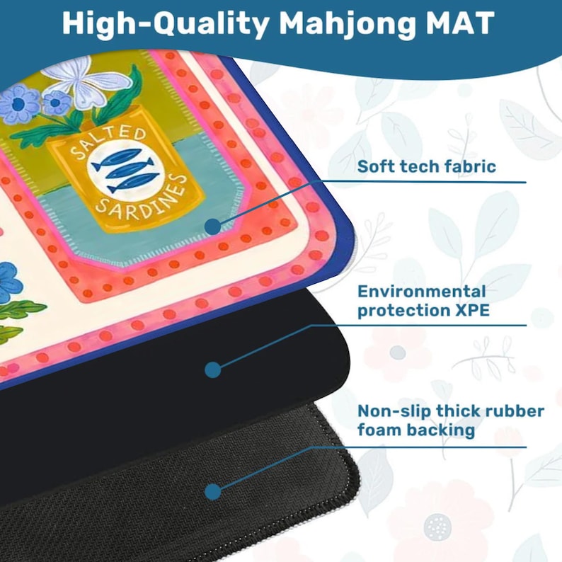 May include: A rectangular Mahjong mat featuring a colorful illustration of a tin labeled Salted Sardines with blue fish and flowers. The mat is composed of three layers: a soft tech fabric top, an environmental protection XPE middle, and a non-slip thick rubber foam backing.