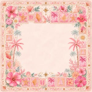 May include: A square decorative border featuring a watercolor illustration of pink hibiscus flowers, palm trees, seashells, starfish, sailboats, and flip-flops arranged in a frame of postage stamp-style squares on a pale peach background.