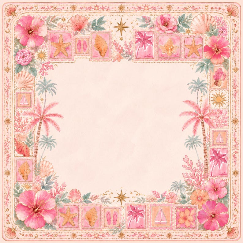 May include: A square decorative border featuring a watercolor illustration of pink hibiscus flowers, palm trees, seashells, starfish, sailboats, and flip-flops arranged in a frame of postage stamp-style squares on a pale peach background.