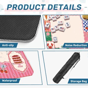 May include: Product details image showing a mahjong mat with anti-slip backing, noise reduction, and waterproof features. The mat has a pink and white design with a cake and cherries. A black storage bag is also included.