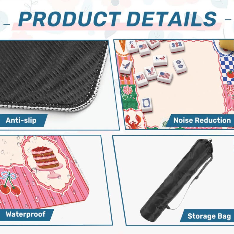 May include: Product details image showing a mahjong mat with anti-slip backing, noise reduction, and waterproof features. The mat has a pink and white design with a cake and cherries. A black storage bag is also included.