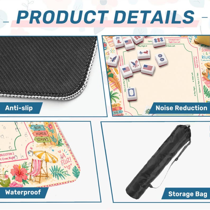 Puede incluir: Imagen de detalles del producto. Alfombra de juego antideslizante e impermeable con reducci&oacute;n de ruido. La alfombra presenta una escena de playa y viene con una bolsa de almacenamiento. El texto en la alfombra dice "Charleston 2" y "Da Feliz!"