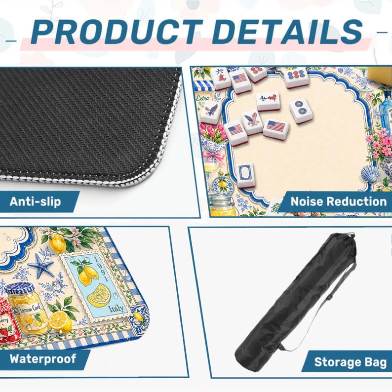 Puede incluir: Imagen de detalles del producto. Arriba a la izquierda, una superficie antideslizante negra. Arriba a la derecha, un tablero de juego con fichas. Abajo a la izquierda, un dise&ntilde;o impermeable. Abajo a la derecha, una bolsa de almacenamiento negra.
