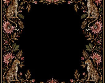 Tapis de mahjong léopard chinoiserie foncée, décor floral botanique rose