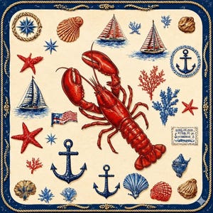 May include: Nautical-themed illustration featuring a vibrant red lobster, sailboats, anchors, seashells, starfish, and coral. The design includes a compass rose and a small American flag, all set against a cream background with a navy blue border.
