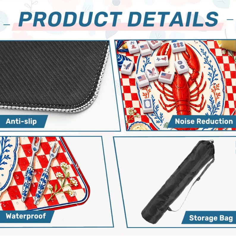 Op de afbeelding: Productdetailsafbeelding met een antislipmat met een rood-wit geblokt patroon, een kreeftenillustratie en mahjongtegels. De mat is waterdicht en inclusief een opbergtas. De tekst "PRODUCT DETAILS" staat bovenaan.