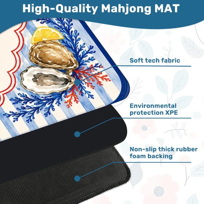 May include: A high-quality Mahjong mat with a coastal design featuring oysters and a lemon slice. The mat has a soft tech fabric, environmental protection XPE, and a non-slip thick rubber foam backing. The top of the mat has a blue and white striped pattern.