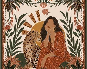 Tapis de mahjong léopard bohème, tapis de jeu déesse du désert, décor botanique du sud-ouest