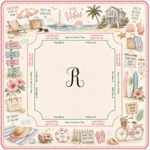 May include: A square Mahjong mat featuring a cream background with a large black letter R in the centre. The border displays beach-themed illustrations including a sailboat, palm trees, surfboards, a bicycle, and text like Good Vibes and Aloha.
