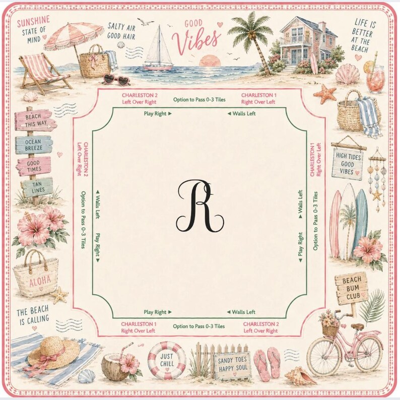 May include: A square Mahjong mat featuring a cream background with a large black letter R in the centre. The border displays beach-themed illustrations including a sailboat, palm trees, surfboards, a bicycle, and text like Good Vibes and Aloha.