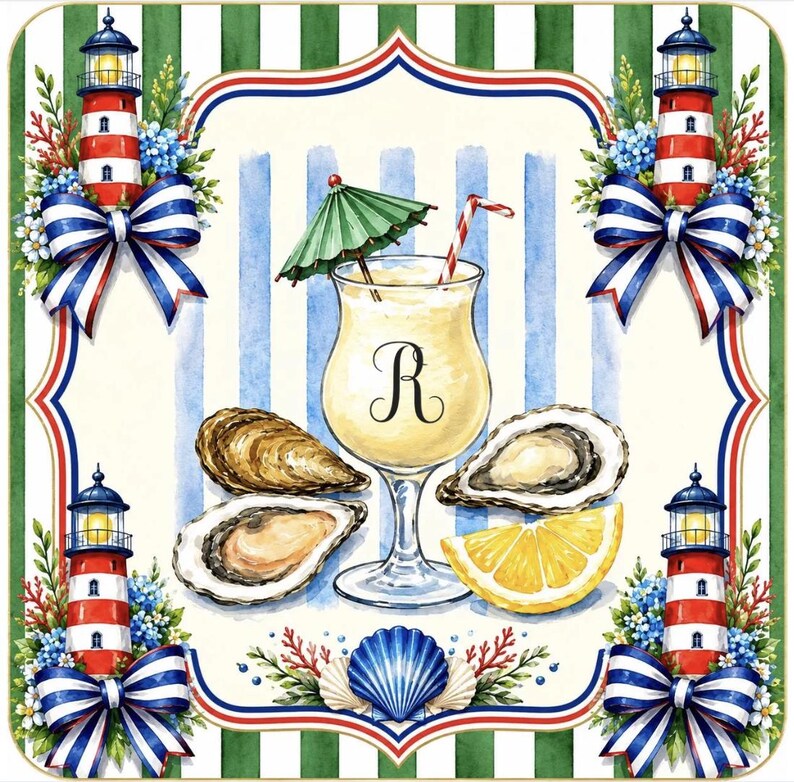 Puede incluir: Ilustraci&oacute;n en acuarela que presenta un c&oacute;ctel con sombrilla y pajita, ostras y una rodaja de lim&oacute;n. La imagen est&aacute; enmarcada con faros, lazos y detalles florales. El fondo tiene rayas azules y blancas.