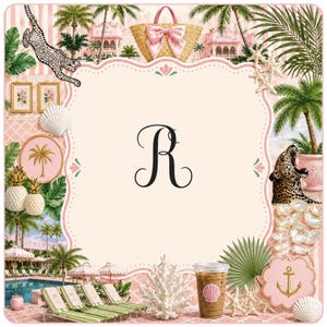 May include: A decorative square image with a tropical theme. It features a pink and white striped background, a leopard, palm trees, a beach bag with a pink bow, and a cup of iced coffee. The letter "R" is in the center.