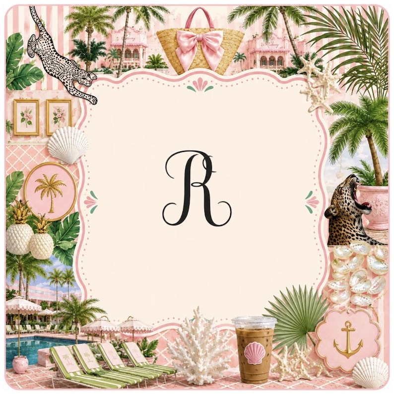 May include: A decorative square image with a tropical theme. It features a pink and white striped background, a leopard, palm trees, a beach bag with a pink bow, and a cup of iced coffee. The letter "R" is in the center.