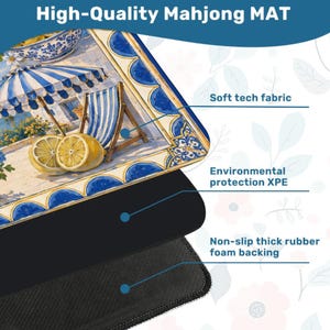 May include: A high-quality Mahjong mat with a vibrant design featuring lemons, a striped umbrella, and a beach chair. The mat has a soft tech fabric, environmental protection XPE, and a non-slip thick rubber foam backing.
