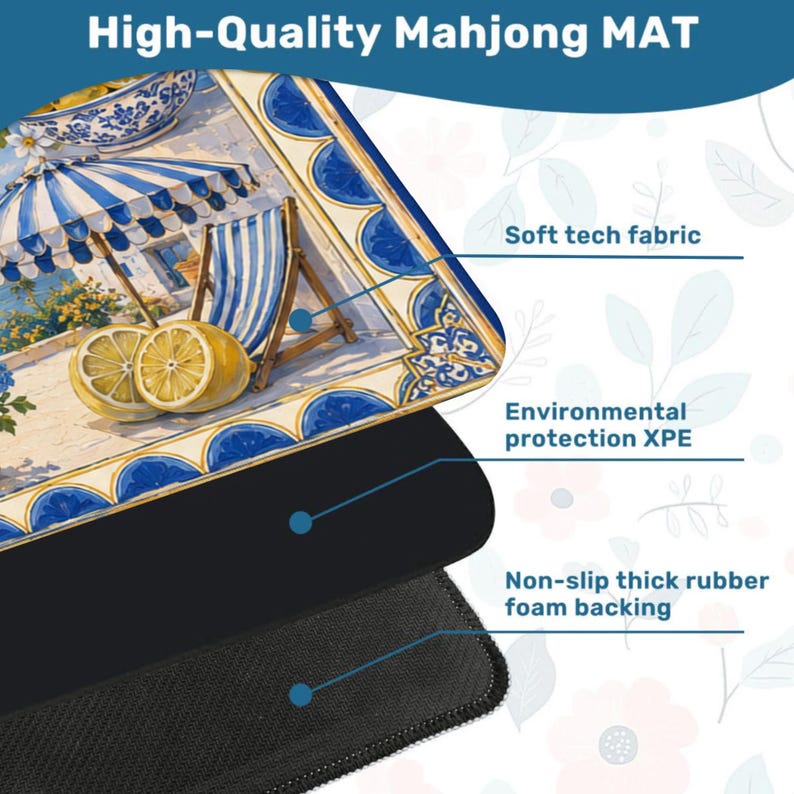 May include: A high-quality Mahjong mat with a vibrant design featuring lemons, a striped umbrella, and a beach chair. The mat has a soft tech fabric, environmental protection XPE, and a non-slip thick rubber foam backing.