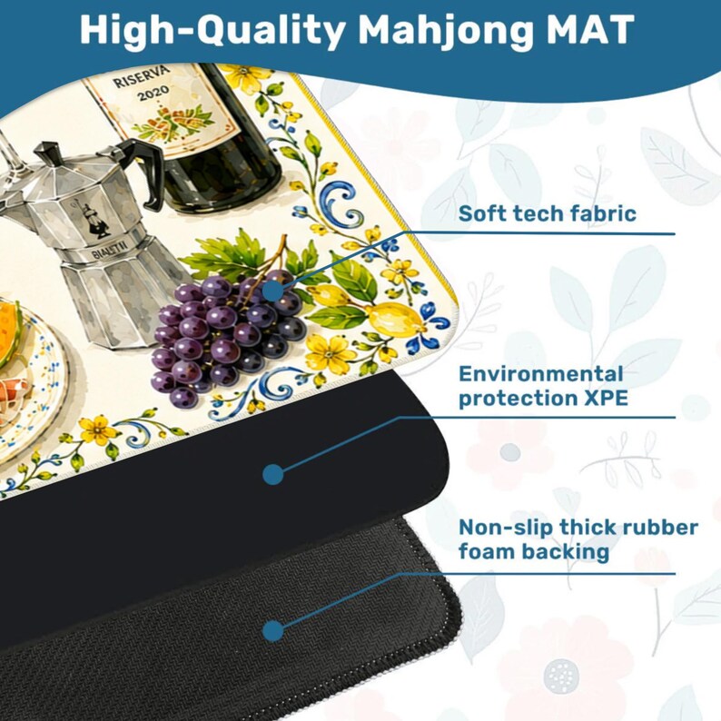 May include: A rectangular Mahjong mat featuring a printed illustration of a silver moka pot, a wine bottle labeled Riserva 2020, and purple grapes with yellow flowers. The mat has a soft tech fabric top, an environmental protection XPE layer, and a black non-slip thick rubber foam backing.