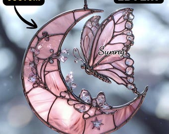 Pink Butterfly Moon Suncatcher - Acrylic Stained Glass Window Hanging