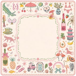 Pu&ograve; includere: Una stampa decorativa quadrata con una cornice centrale color crema circondata da un bordo di illustrazioni colorate tra cui un coccodrillo, un pappagallo, bottiglie di champagne, fenicotteri, uno scooter rosa, un ananas e vari motivi tropicali.