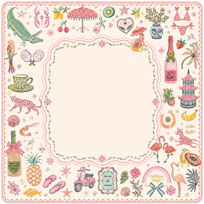 Pu&ograve; includere: Una stampa decorativa quadrata con una cornice centrale color crema circondata da un bordo di illustrazioni colorate tra cui un coccodrillo, un pappagallo, bottiglie di champagne, fenicotteri, uno scooter rosa, un ananas e vari motivi tropicali.
