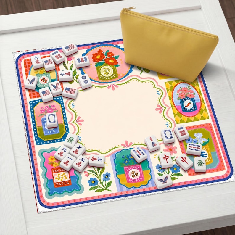 May include: A square mahjong mat featuring a colorful border with illustrations of olive oil, chili peppers, pasta, and coffee, accompanied by a set of white mahjong tiles with various symbols and a plain yellow zippered storage pouch.