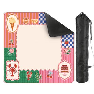 May include: A picnic blanket with a whimsical design featuring ice cream, cherries, and a lobster. The blanket has a pink and green striped border with a black underside and comes with a black carrying bag.