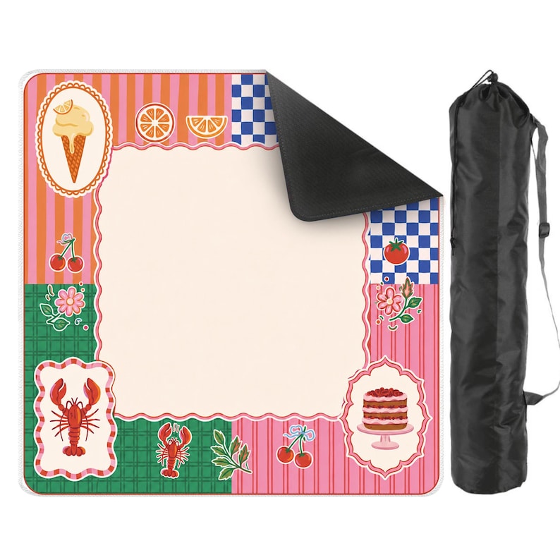 May include: A picnic blanket with a whimsical design featuring ice cream, cherries, and a lobster. The blanket has a pink and green striped border with a black underside and comes with a black carrying bag.