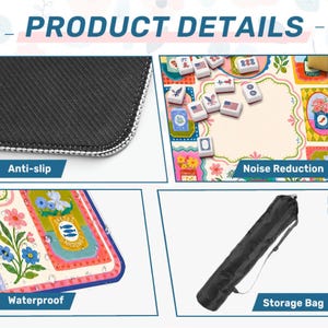 May include: A product details graphic featuring a mahjong mat with a colorful floral and food-themed pattern, white mahjong tiles, a black anti-slip rubber backing, a waterproof surface, and a black cylindrical storage bag with a shoulder strap.