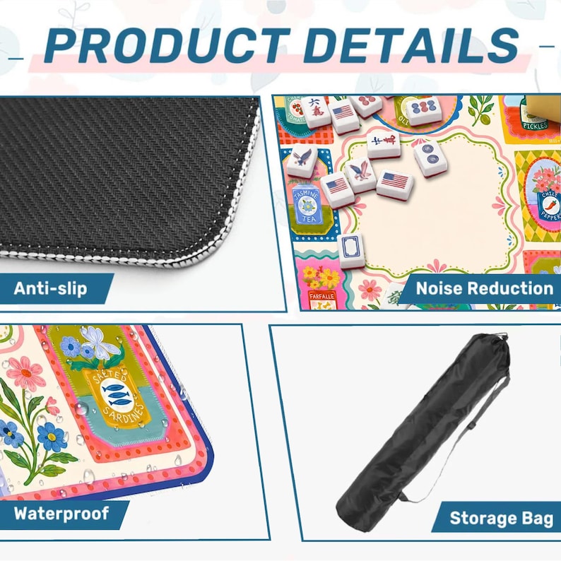 May include: A product details graphic featuring a mahjong mat with a colorful floral and food-themed pattern, white mahjong tiles, a black anti-slip rubber backing, a waterproof surface, and a black cylindrical storage bag with a shoulder strap.