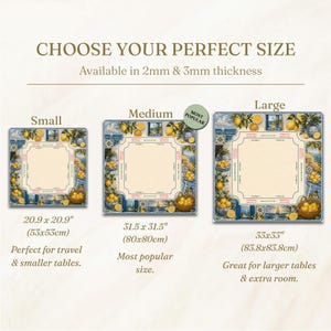 May include: Image shows three square placemats with a lemon and tile design, available in three sizes: small (20.9 x 20.9 inches), medium (31.5 x 31.5 inches), and large (33 x 33 inches). The text reads "Choose Your Perfect Size."