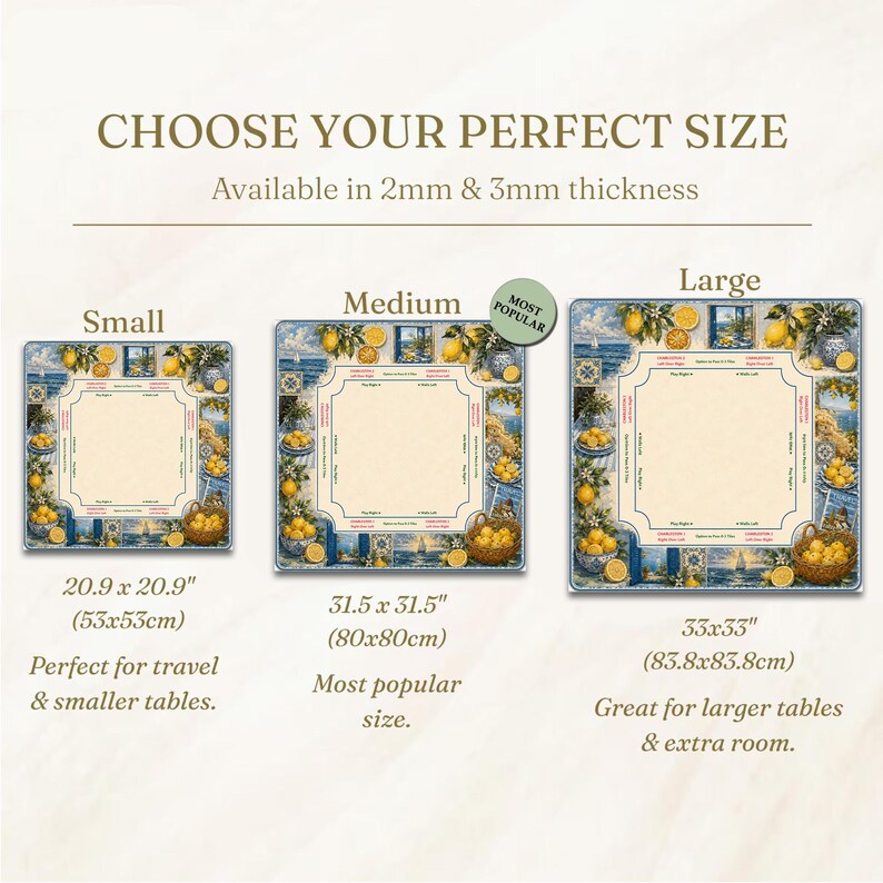 May include: Image shows three square placemats with a lemon and tile design, available in three sizes: small (20.9 x 20.9 inches), medium (31.5 x 31.5 inches), and large (33 x 33 inches). The text reads "Choose Your Perfect Size."