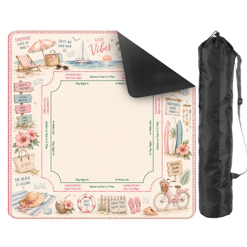May include: A square mahjong mat with a cream-coloured centre and a beach-themed border featuring illustrations of surfboards, a bicycle, a straw hat, and text including Good Vibes and The Beach Is Calling. Includes a black carrying bag.