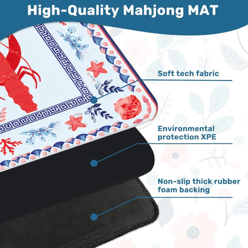 K&ouml;nnte beinhalten: Eine Mahjong-Matte mit hellblauer Oberfl&auml;che und Mustern aus roten Hummern, Seesternen und Korallen. Die Matte besteht aus drei Schichten: einer weichen technischen Stoffoberseite, einer XPE-Mittelschicht und einer rutschfesten, dicken Schaumstoffunterseite.