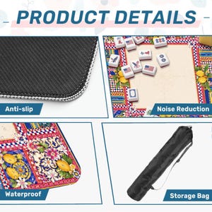 Pode incluir: Imagem de detalhes do produto mostrando um tapete de jogo de Mahjong com pe&ccedil;as, uma bolsa de armazenamento preta e close-ups dos recursos antiderrapantes, de redu&ccedil;&atilde;o de ru&iacute;do e &agrave; prova d'&aacute;gua do tapete. O tapete tem um design floral colorido.