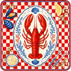 Op de afbeelding: Een levendige illustratie van een zeevruchtenschotel op een rood-witte geblokte achtergrond. Een gekookte rode kreeft is het middelpunt op een versierde ovale schaal. Begeleidende elementen zijn mosselen, een citroenwig en kleine vorken.