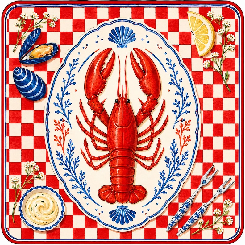 Op de afbeelding: Een levendige illustratie van een zeevruchtenschotel op een rood-witte geblokte achtergrond. Een gekookte rode kreeft is het middelpunt op een versierde ovale schaal. Begeleidende elementen zijn mosselen, een citroenwig en kleine vorken.