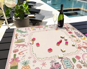 Whimsical Mahjong Mat, Pink Coastal Game Table, Tropical Party Accessory