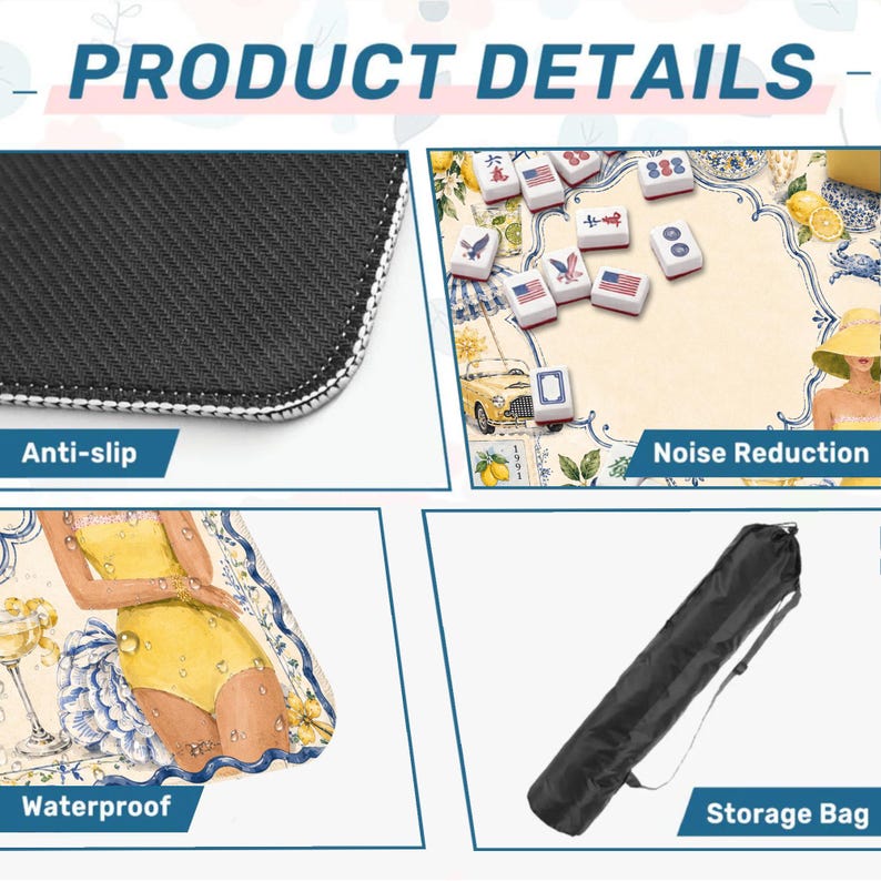 May include: Image showing product details of a game mat. Features include anti-slip, noise reduction, and waterproof properties. The mat has a detailed design with game pieces and a storage bag.