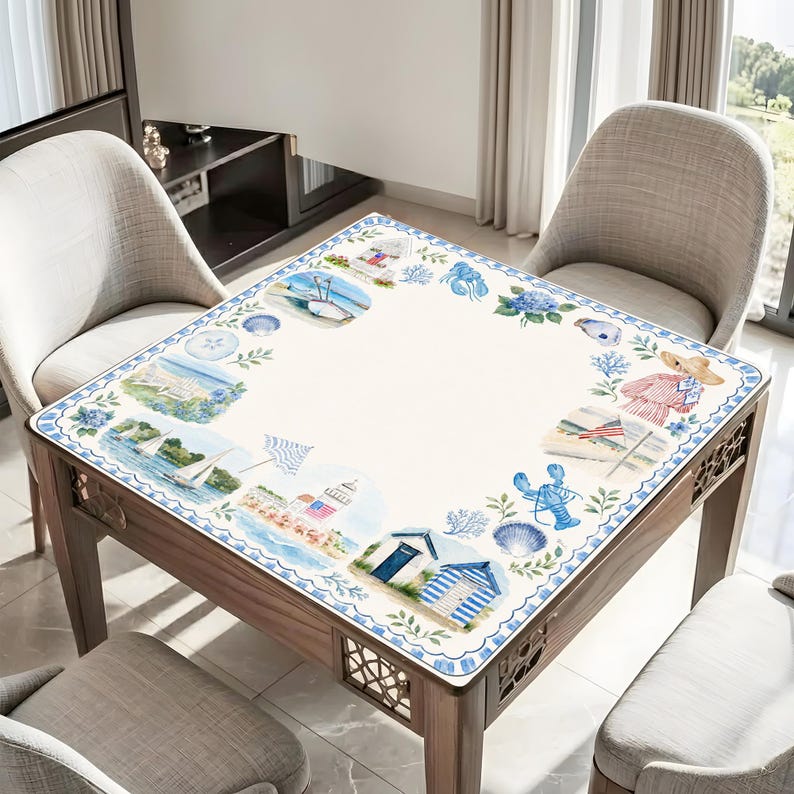 Coastal Grandmillennial Mahjong Mat, Nantucket Beach Hydrangea Game Board image 2
