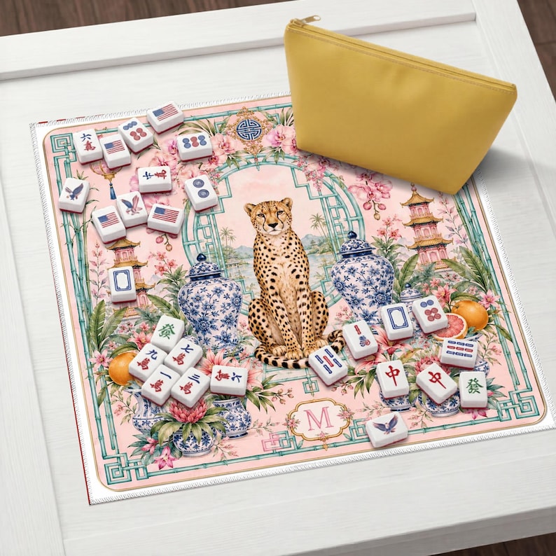 Rosa Chinoiserie Cheetah Mahjongmatta, Ginger Burk Spelbordsdekoration bild 14