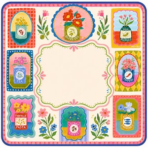 May include: A square decorative print featuring a central cream-colored scalloped frame surrounded by eight colorful rectangular and oval vignettes. Each vignette displays a labeled tin container with flowers, including cherry tomatoes, olive oil, dill pickles, jasmine tea, chili peppers, farfalle pasta, island coffee, and salted sardines.