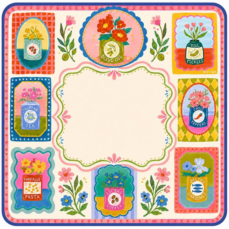 May include: A square decorative print featuring a central cream-colored scalloped frame surrounded by eight colorful rectangular and oval vignettes. Each vignette displays a labeled tin container with flowers, including cherry tomatoes, olive oil, dill pickles, jasmine tea, chili peppers, farfalle pasta, island coffee, and salted sardines.