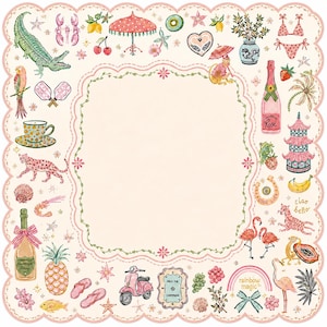 Pu&ograve; includere: Un tovagliolo decorativo quadrato con bordo smerlato, centro color crema e una cornice ricca di illustrazioni colorate tra cui un coccodrillo, fenicotteri, uno scooter, bottiglie di champagne, una pagoda, frutta e il testo rainbow magic.