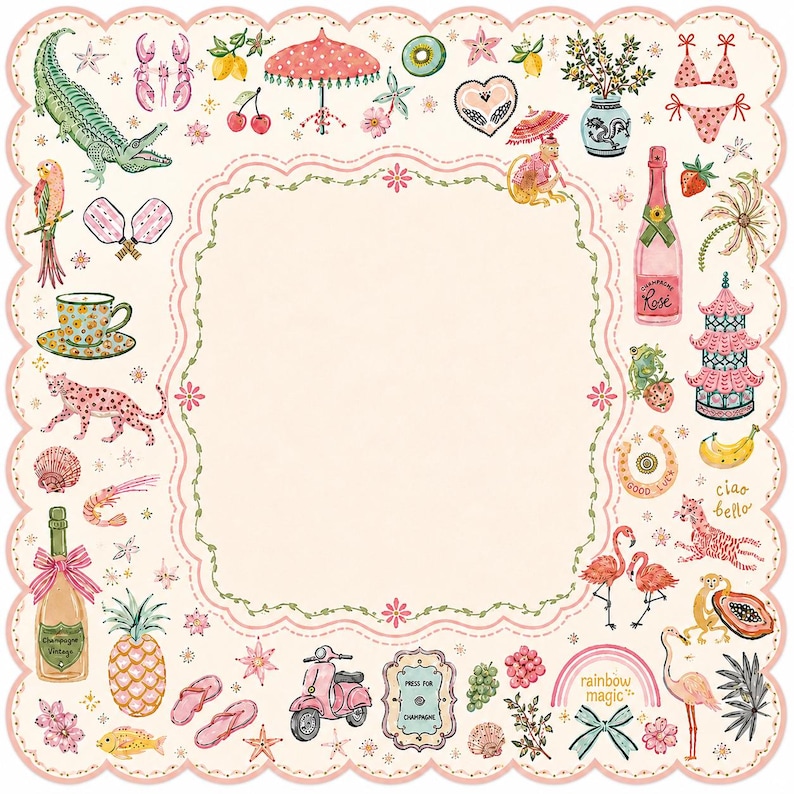 Pu&ograve; includere: Un tovagliolo decorativo quadrato con bordo smerlato, centro color crema e una cornice ricca di illustrazioni colorate tra cui un coccodrillo, fenicotteri, uno scooter, bottiglie di champagne, una pagoda, frutta e il testo rainbow magic.