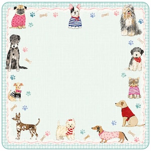 May include: A square decorative paper sheet featuring a light blue background with a white gingham border. The frame is decorated with various illustrated dog breeds, colorful paw prints, and small bone shapes arranged around the center.