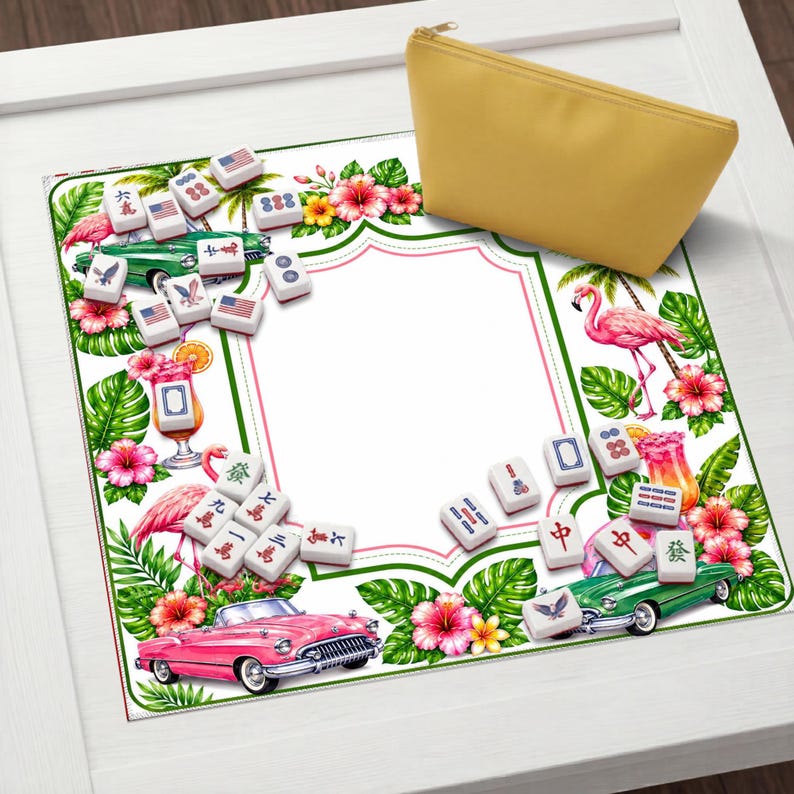 Tappetino da Mahjong con fenicotteri tropicali, decorazione retrò per tavolo da cocktail, accessorio per feste a tema costiero immagine 8