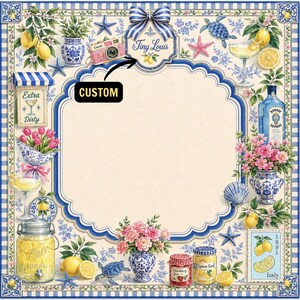 Puede incluir: Un dise&ntilde;o cuadrado decorativo con un borde azul y blanco, con limones, flores y una c&aacute;mara rosa. El dise&ntilde;o incluye el texto "Tiny Louis" y "Custom". El tema general es una est&eacute;tica costera y veraniega.