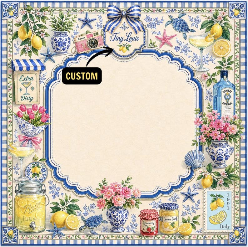 Puede incluir: Un dise&ntilde;o cuadrado decorativo con un borde azul y blanco, con limones, flores y una c&aacute;mara rosa. El dise&ntilde;o incluye el texto "Tiny Louis" y "Custom". El tema general es una est&eacute;tica costera y veraniega.