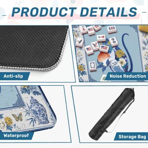 K&ouml;nnte beinhalten: Produktbild mit Details: rutschfeste Oberfl&auml;che, blau-wei&szlig; gemusterte Spielbrett mit Spielsteinen, wasserdichte Oberfl&auml;che und schwarze Aufbewahrungstasche. Text enth&auml;lt "Product Details", "Anti-slip", "Noise Reduction", "Waterproof" und "Storage Bag".