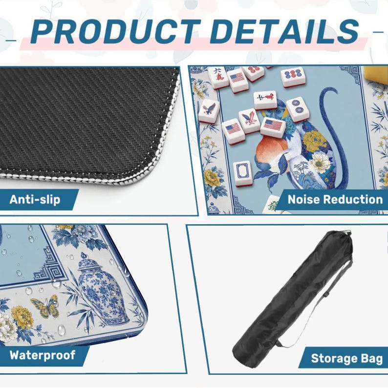 K&ouml;nnte beinhalten: Produktbild mit Details: rutschfeste Oberfl&auml;che, blau-wei&szlig; gemusterte Spielbrett mit Spielsteinen, wasserdichte Oberfl&auml;che und schwarze Aufbewahrungstasche. Text enth&auml;lt "Product Details", "Anti-slip", "Noise Reduction", "Waterproof" und "Storage Bag".